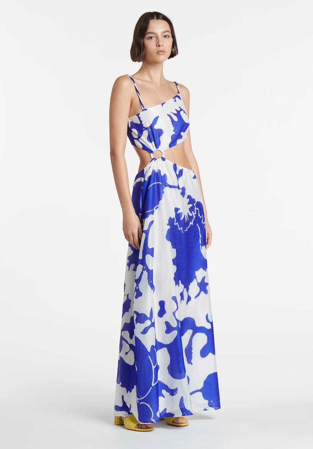 SELL Vivi Asymmetrical Cut Out Dress Abstract Print Blue & White Gift Card Ex Rentals 