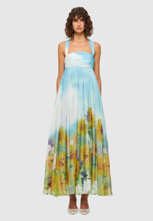 Claudette Silk Halterneck Maxi Dress - Sunflower Print in Landscape Clothing Leo Lin 