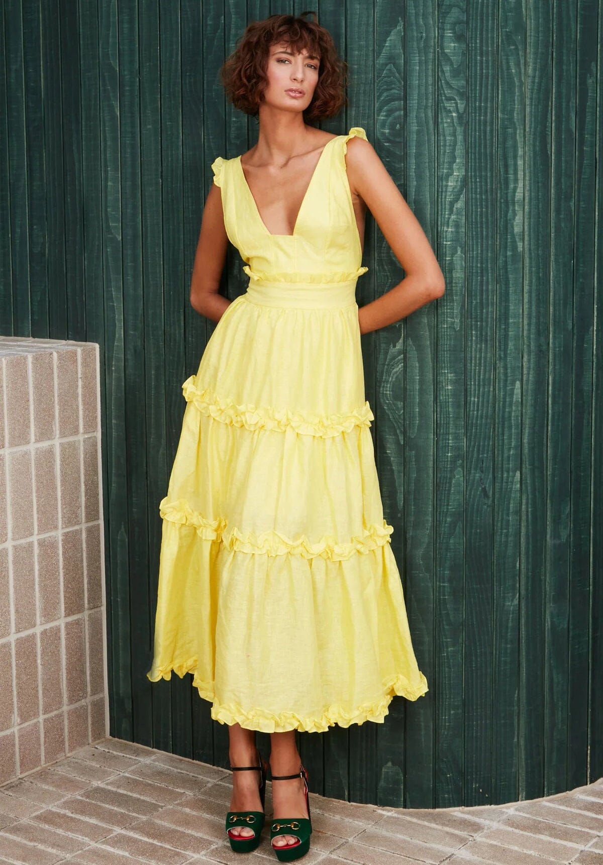 Rent or Hire Linen Ruffle Dress - Lemon Yellow, Mackenzie Mode
