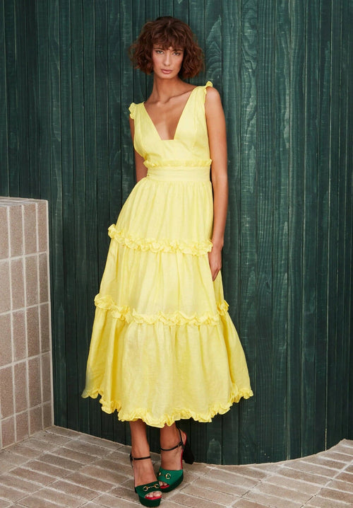 Linen Ruffle Dress - Lemon Yellow Clothing Mackenzie Mode 