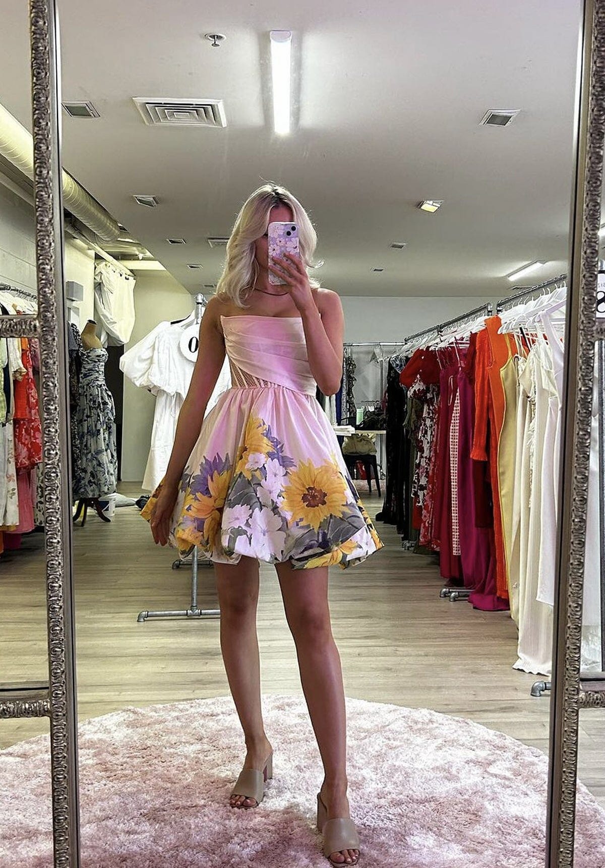Katy Bustier Mini Dress - Sunflower Print in Pink Clothing Leo Lin 