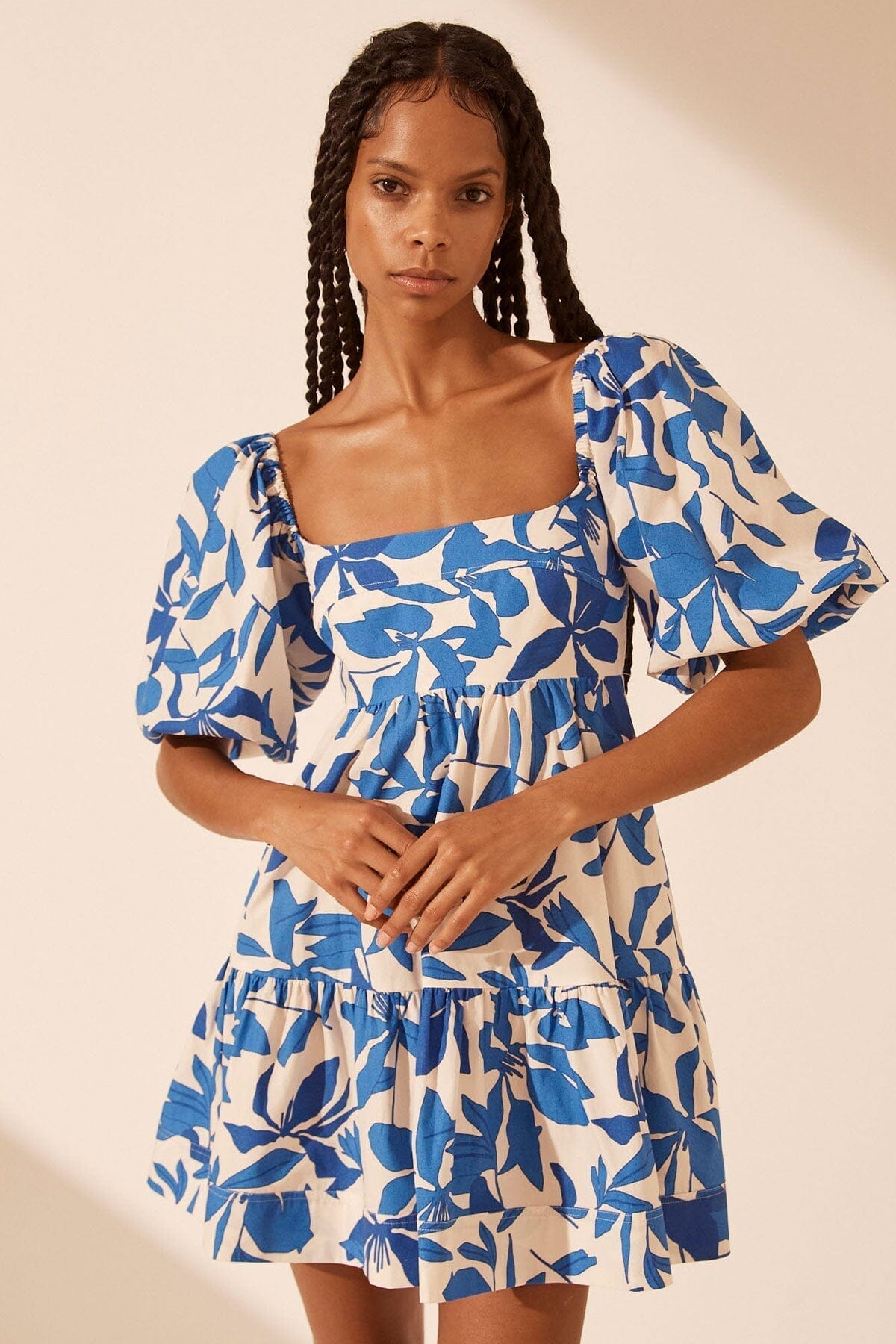 Bleue Square Neck Tiered Mini Dress Clothing Shona Joy 