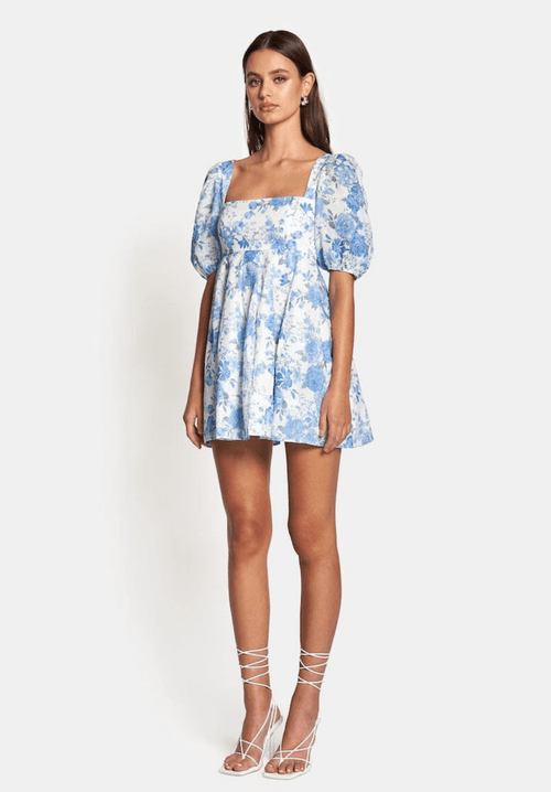Aerin Open Back Tie Mini Dress - Sky Blue Floral Clothing Sofia the Label 