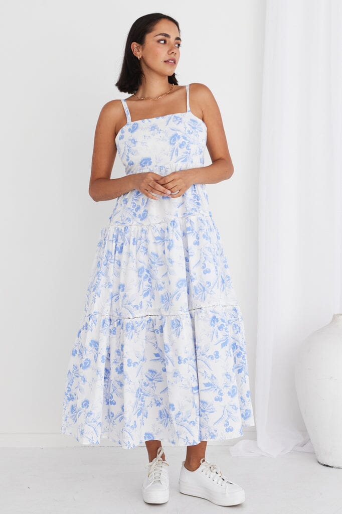 Universe Blue Floral Tie Back Tiered Strappy Maxi Dress - Blue Dresses Ivy + Jack 